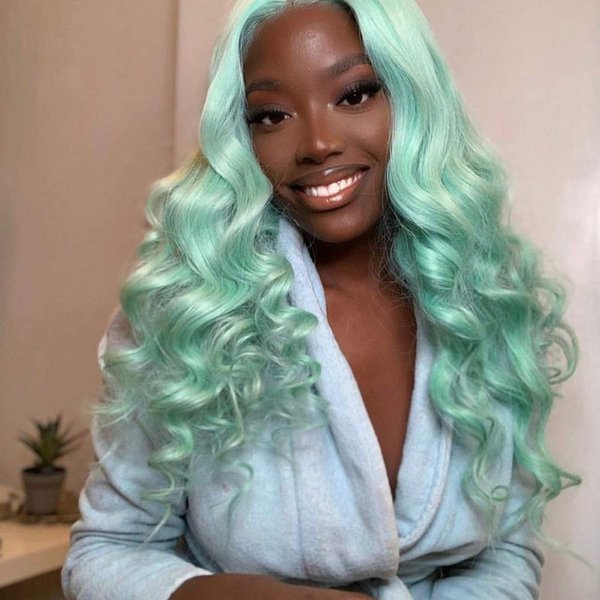 Kalisa Mint Green Lace Front Wig Long Wavy Blue Green Side Part Natural Hairline Wig Synthetic Curly Pre Plucked Wig Heat Resistant Glueless Wigs for Women Cosplay Makeup Drag Queen