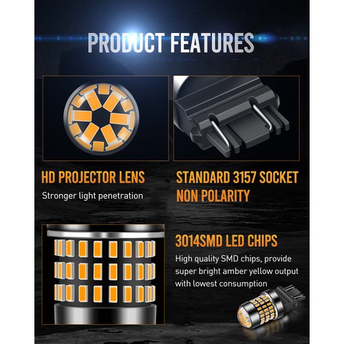 LUYED 3157 LED Bulb Amber Yellow 1800 Lumens Super Bright 3056 3156 3057 4157 LED Bulbs with Projector for Turn Signal Tail Brake Blinker Parking Lights,Pack of 2