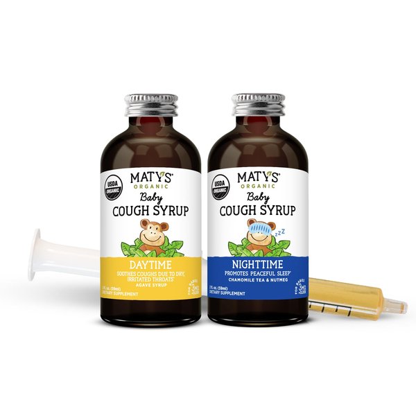 Matys Organic Baby Cough Syrup Day & Night Value Pack For Babies & Infants 3 Months + Up, Soothing Daytime & Nighttime Cough Relief, Made with Agave Syrup, Melatonin & Dye Free, 2 Pack, 2 Fl Oz Each