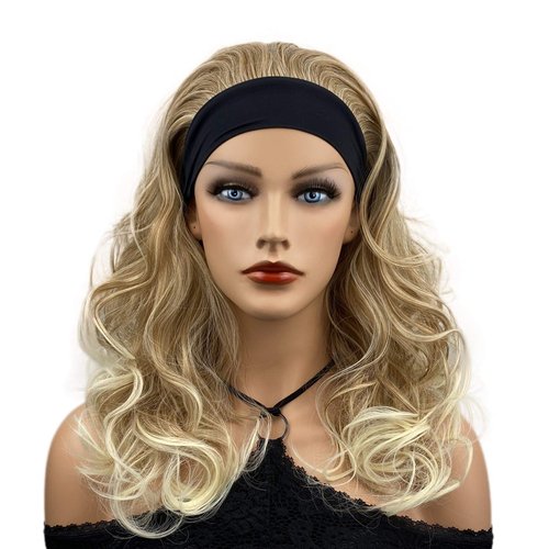 Wiginway Long Curly Wavy Synthetic Wigs with Headband Heat Resistant Fiber Hair Natural Fashion for Women Lady Brown with Blonde Highlights