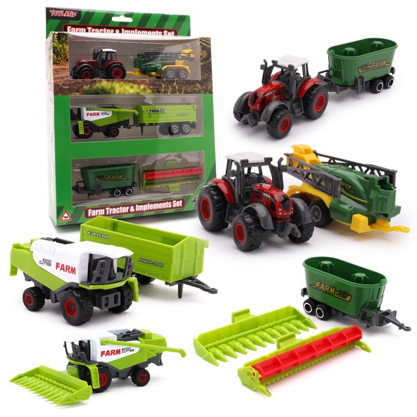 Toyland® Pack of 6 Die Cast Metal Farm Tractor & Implements Set - Approx. 5cm - 4 Assorted Designs - 1 Chosen at Random