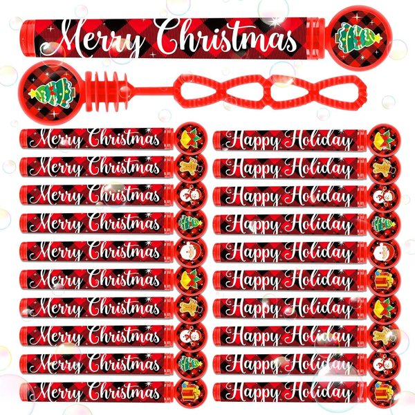 60 Pack Christmas Bubble Wands Bulk, Christmas Party Favors Mini Bubble Wand with Buffalo Plaid DIY Stickers for Xmas Goodie Bags Stocking Stuffers Fillers Small Classroom Prizes Birthday Weddings