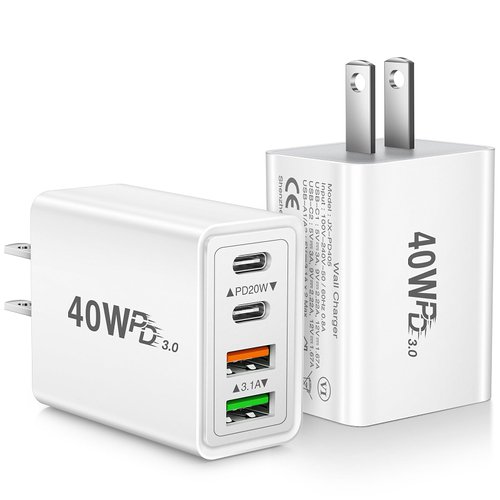 [2-Pack] USB C Wall Charger, 40W 4-Port PD Fast USB C Charging Block, 2USB C+2USB A Multiport Plug,Type C Power Adapter Brick for iPhone 16 15 14 13 12 11 Pro Max XS XR, iPad, SamsungTablet