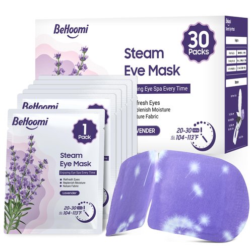 BeHoomi 30Packs Steam Eye Mask, Heated Eye Mask Warm Compress for Eyes, Self Heating Disposable Eye Masks, Sleep Mask for Home, Spa, Office, Travel Essentials & Relaxation Gifts (Lavender)
