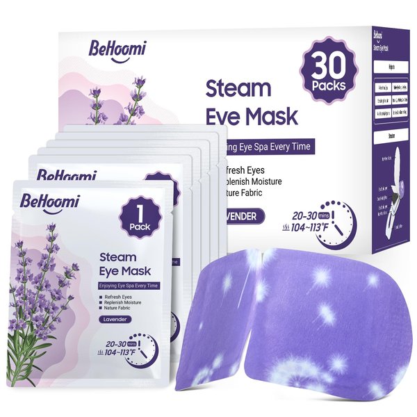 BeHoomi 30Packs Steam Eye Mask, Heated Eye Mask Warm Compress for Eyes, Self Heating Disposable Eye Masks, Sleep Mask for Home, Spa, Office, Travel Essentials & Relaxation Gifts (Lavender)