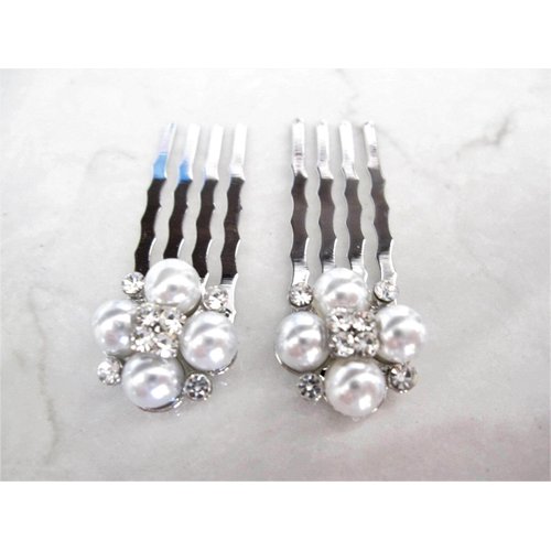 Generic Set of two small pearl and silver hair comb barrette clip bridal clip with, 7