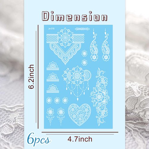 White Henna Temporary Tattoo Flowers Lace Fake Tattoos for Adults Kids Body Arm Makeup Waterproof Tattoo Sticker Wedding Tattoo Stickers Kit Party Supplies for Diwali Festival 6Sheets (white)