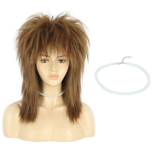 VGbeaty 70s 80s Mullet Wig Women Shoulder Length Straight Brown Wig with Necklace Rock Disco Cosplay Party Halloween Costume Wig