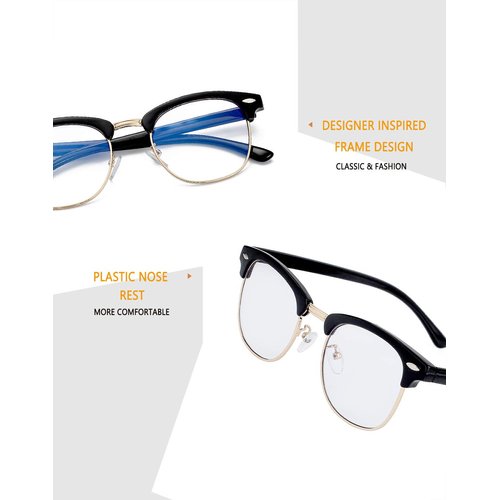 Kursan Blue Light Blocking Glasses for Women Men Semi-Rimless Frame Fake Nerd Eyeglasses (Bright Black Gold)