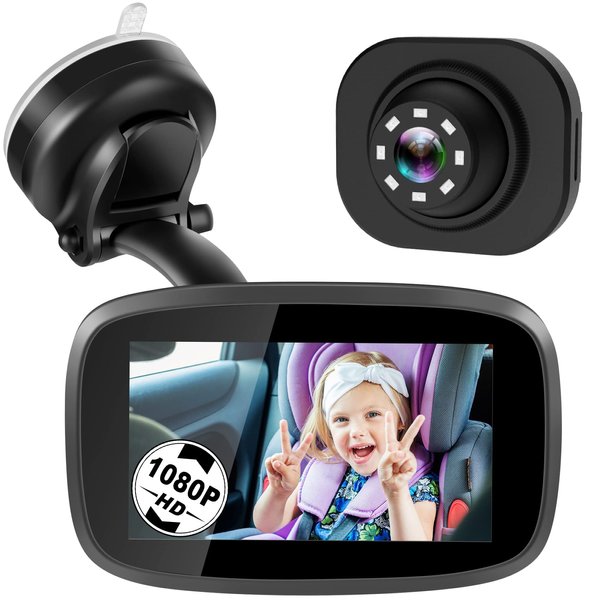 1080P Baby Car Mirror, Shybaby 4.3'' Baby Car Camera Monitor 170° Wide View, HD Night Vision Function and Reusable Sucker Bracket, Safety Rear Facing Car Set Camera Infants Kids Toddlers Black