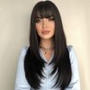 7JHH WIGS Hair Dye Wig for Women Synthetic Hair Natural Long Straight Wig With Bangs (22inch, Black tea)