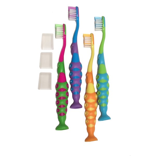 Secret for Longevity 4-Pack of Kids Childrens Toddler Extra Soft Bristle Easy Grip BPA Free Toothbrush Set w/Suction Base and Travel Dust Covers
