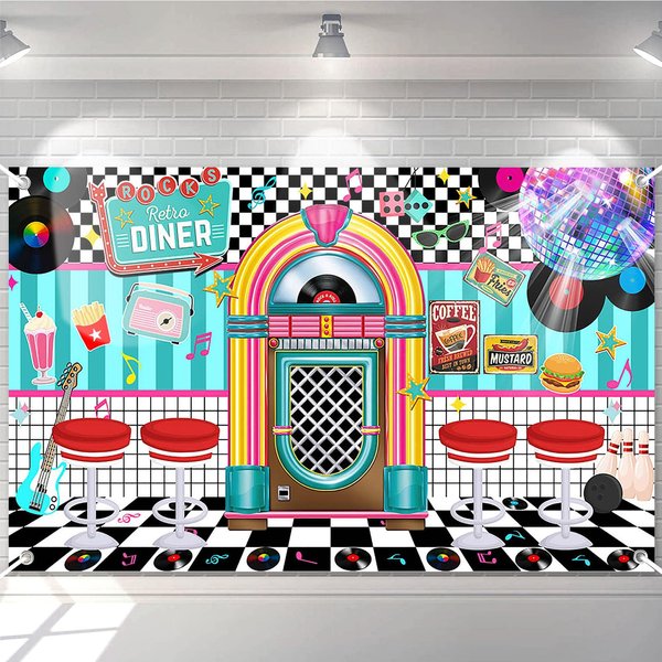 Avezano 50s Retro Diner Party Backdrop 50s Retro Rock and Roll Diner Classic Party Decoration Banner 1950s Sock Hop Party Decor 70.8 x 43.3 Inch
