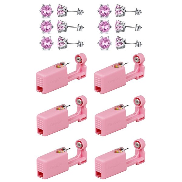 Ear Piercing Kits,Body Piercing Kits,6 Pack Disposable Self Ear Piercing Gun Tool with 5mm Cubic Zirconia Stud Earrings (Pink)