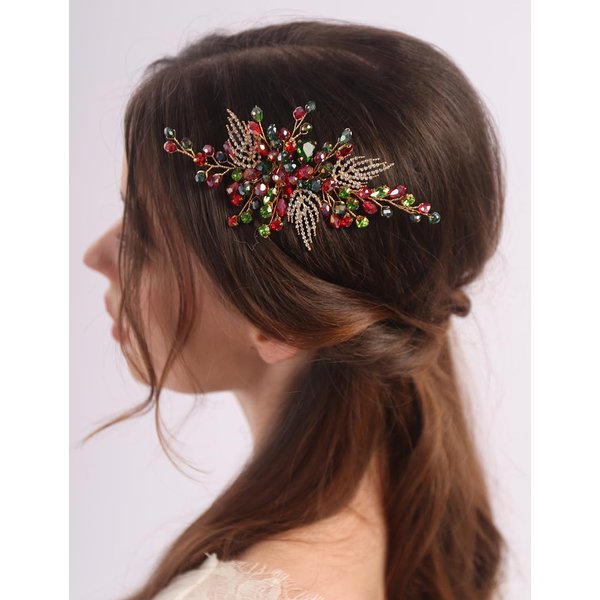 BERYUAN Christmas Rhinestone Beads Crystal Leaves Hair Comb Red and Green Rhinetone Crystal Hair Comb Rhinestone Headpiece for Christmas Wedding Party for Women (red and green)