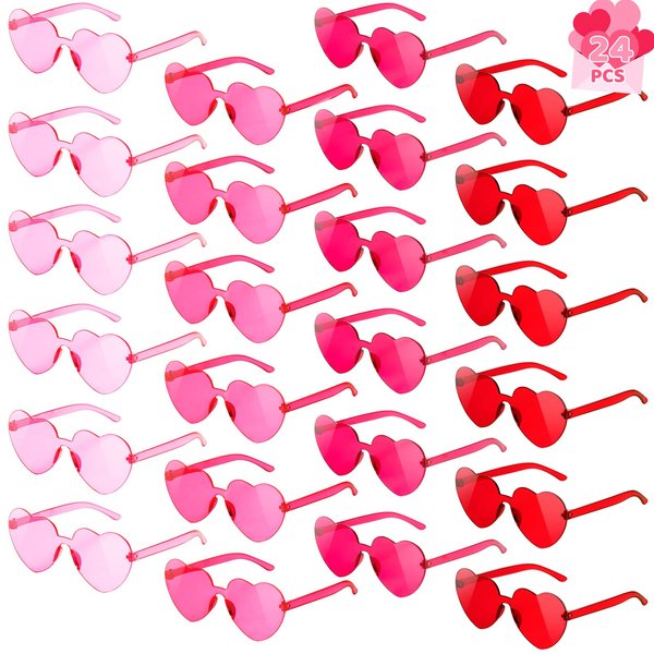 Mikulala 24 Pack Heart Sunglasses Bulk for Kids, Valentine Pink Heart Sunglasses for Kids, Sunglasses Party Favors for Boys Girls, Party Supplies, Beach Pool Party Favors Goodie Bag Stuffer