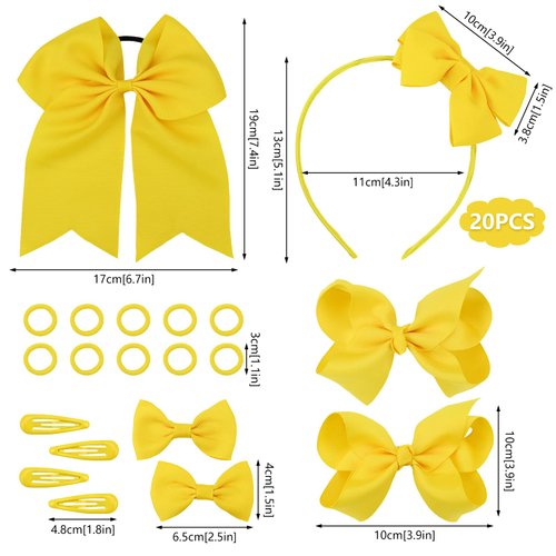 Bekecidi 20 Pieces Bow Hair Accessories Set Bow Hairpin Bow Hair Clips Rubber Band Bow Headband Bows Ribbon for Girls Kids (Yellow)