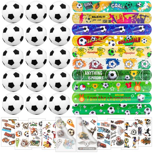 Moncinday 60Pcs Soccer Party Favors Mini Foam Ball with Soccer Slap Bracelets Tattoos Soccer Themed Birthday Party Supplies Goodie Bags Filler