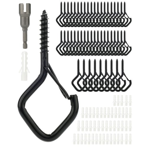 Katerk 50 Pack Screw in Hooks for Outdoor String Lights W/Safety Buckle 1 Nut Drive, Square Snap Ceiling Hooks for Hanging Christmas Light, Plants, Ornament, Windproof Eye Hook for Outside