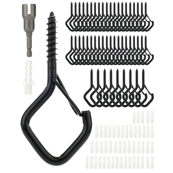 Katerk 50 Pack Screw in Hooks for Outdoor String Lights W/Safety Buckle 1 Nut Drive, Square Snap Ceiling Hooks for Hanging Christmas Light, Plants, Ornament, Windproof Eye Hook for Outside