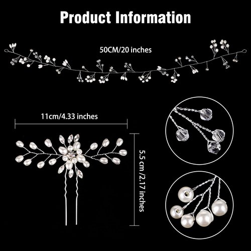 QXUJI Crystal Bridal Headband, Handmade Pearl and Crystal Wedding Headpieces with Hair Pins, Extra Long Bridal Hair Vine, Hair Accessories for Bridesmaid and Flowergirls, 20 Inches