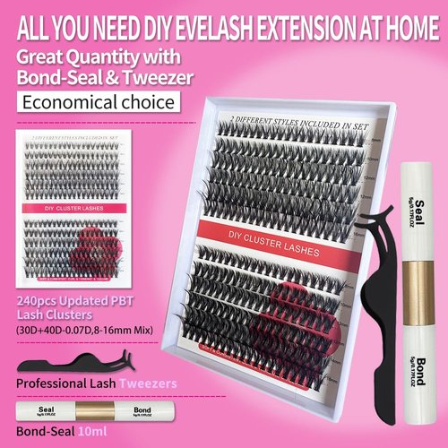 Lash Extension Kit DIY 240pcs Lash Clusters Eyelash Extension Kit,8-16mm Mix 30D 40D Curl Individual Lashes Kit with Lash Bond and Seal Lash Tweezers for Self Use(30D&40D-0.07D-8-16MIX KIT)