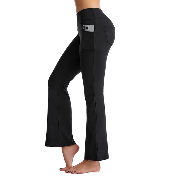 CAMBIVO Flare Yoga Pants for Women High Waist, Bootcut Workout Stretch Leggings with Pockets & Tummy Control, Non-See-Through (Black, Medium)