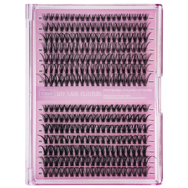 TUNOFF Lash Clusters DIY 280pcs Lash Extended Kit 9-16mm Mix 30D 40D Curled Single Lash Kit, (30D&40D-0.07D-9-16MIXKIT）