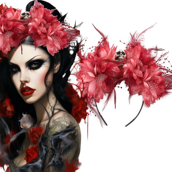 RUSTAMM Halloween Skull Flower Headband Red Flower Crown Gothic Horror Headwear for Party Costume Cosplay Headwear Day of the Dead Floral Headpiece Hair Accessories for Women