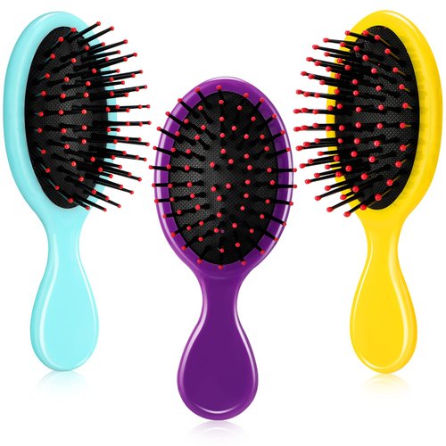 Nuenen 3 Pieces Mini Detangler Hair Brushes Small Wet Dry Hair Brush Travel Detangling Brushes Soft Bristles Pocket Child Hairbrush for Kids Women Girls for Most Hair Types (Yellow, Green, Purple)