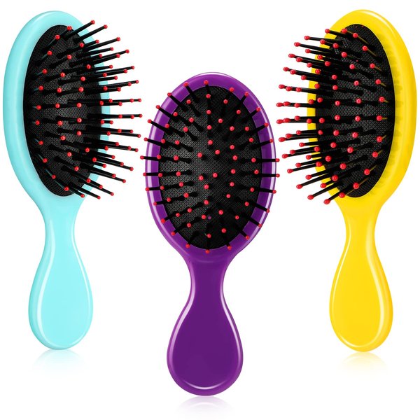 Nuenen 3 Pieces Mini Detangler Hair Brushes Small Wet Dry Hair Brush Travel Detangling Brushes Soft Bristles Pocket Child Hairbrush for Kids Women Girls for Most Hair Types (Yellow, Green, Purple)