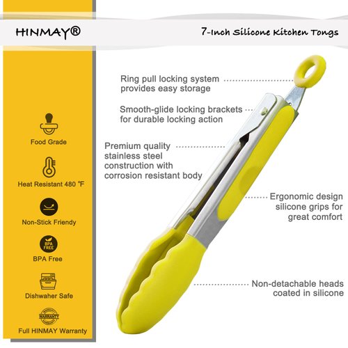 HINMAY Small Appetizer Tongs 7-Inch Silicone Tipped Kitchen Tongs, Set of 3 (Yellow)