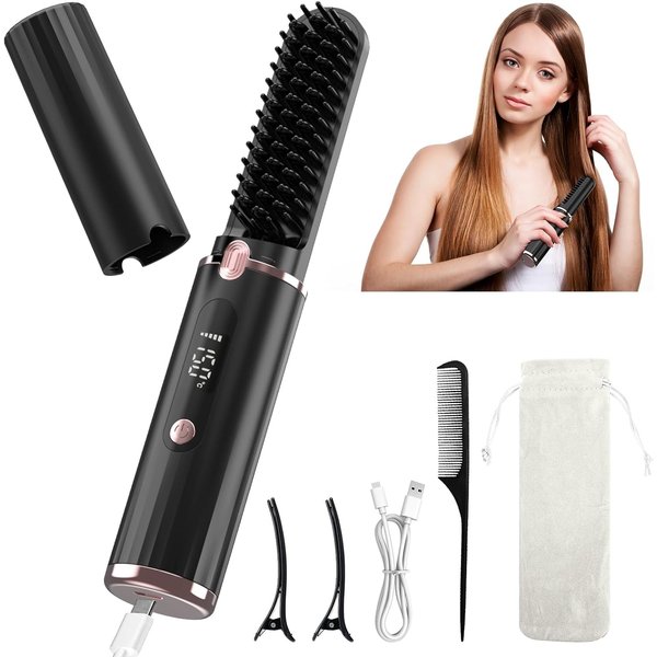 Cordless Hair Straightener Brush, Portable Hot Comb Hair Straightener Negative Ion Hair Straighteners Comb for Women 4 Temperature Beard Straightener Brush USB Rechargeable Anti-Scald Auto-Off（Black）