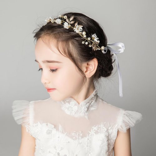 YoralCrea Flower Girl Headpiece Princess Crystal Wedding Headband Baby Girls Flower Crown Pearl Hair Accessories for Birthday Party (gold 2)