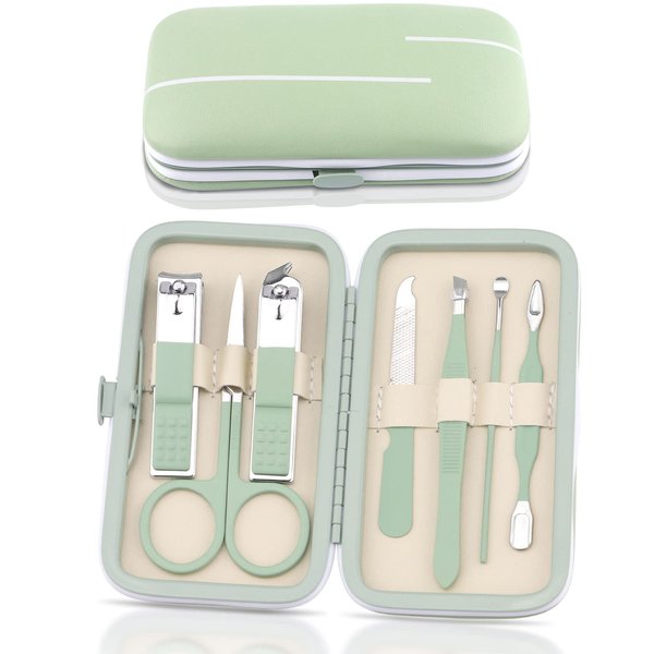 Lorvain Manicure Set, 7PCS Professional Grooming Care Tools Men Women Nail Clipper Set Stainless Steel Toe Finger Nail Clippers with Portable Travel Case Pedicure Care Tools for Travel or Home (Green)