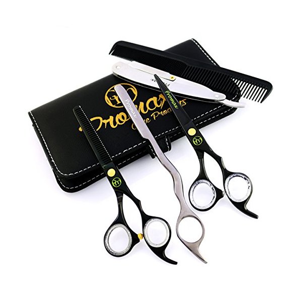 ProMax Barber Hair Cutting Shears 5 PCs Set- Made Of Japanese Black Titanium Stainless Steel,With Barber and Thinning Shears 6.5"-Exchangeable Blade Razors, Comb,Hair Shaper And Cloth- 11-4625