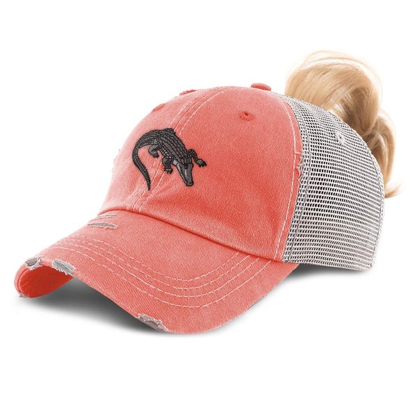 Womens Ponytail Cap Gator Florida Swamp Embroidery Cotton Messy Bun Distressed Trucker Hats Strap Closure Coral Design Only