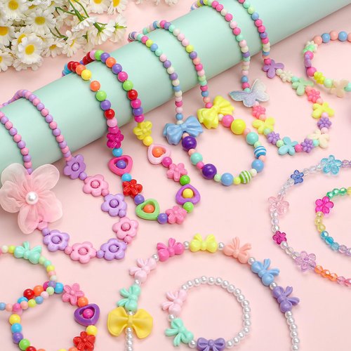 KELENO 6 Sets Girls Jewelry Princess Flower Necklaces Bracelets for Toddler Girl Princess Costume Dress Up Play Party Favors Toy Gifts for Little Girls Years Old 3 4 5 6 7 8