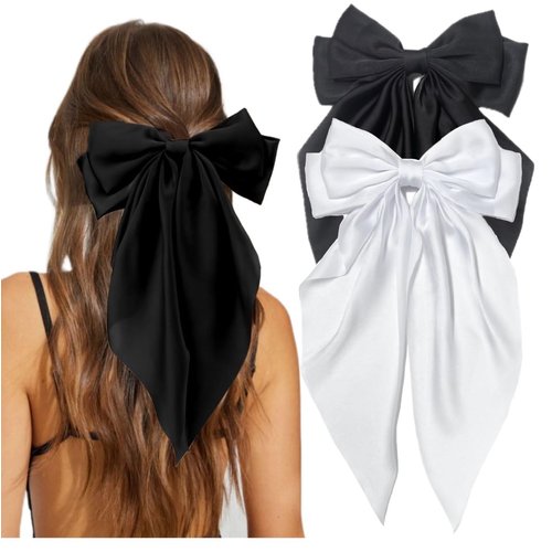 Hair Bows for Women Clip Girls Black Hair Ribbon Coquette Bow Hair Clips with Long Tails White Satin Hair Bow Vintage Hair Accessories for Women