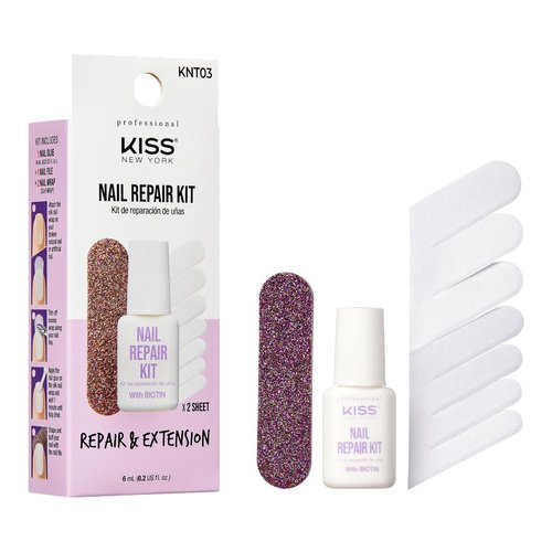 Kiss New York Nail Repair Kit for Damage Nails, Broken Cracked and Weak Nails, Biotin Infused Nail Glue, Nail File, and 2 Nail Wraps, Made in Korea