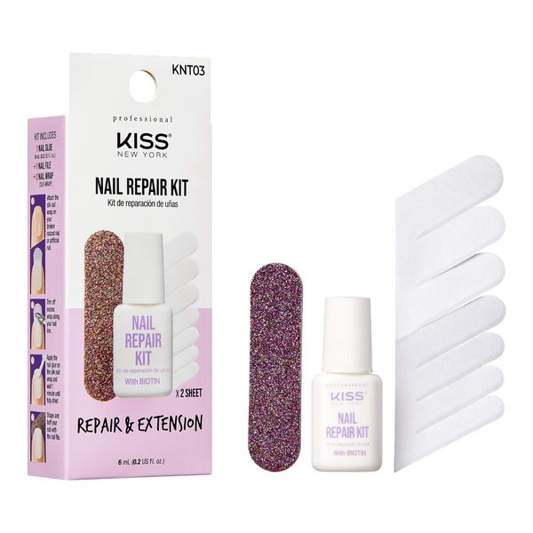 Kiss New York Nail Repair Kit for Damage Nails, Broken Cracked and Weak Nails, Biotin Infused Nail Glue, Nail File, and 2 Nail Wraps, Made in Korea