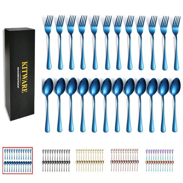 Blue Spoons and Forks, KITWARE 24 Pieces Silverware Set Service for 12, Color flatware, Stainless Steel CutleryTableware for Home, Travel, Hotel, Resturant, Dishwasher Safe