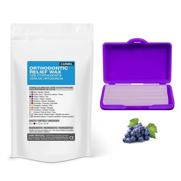 Carmel Orthodontic Wax in a Grape Scented Box, Pack of 12, Relief Wax for Braces