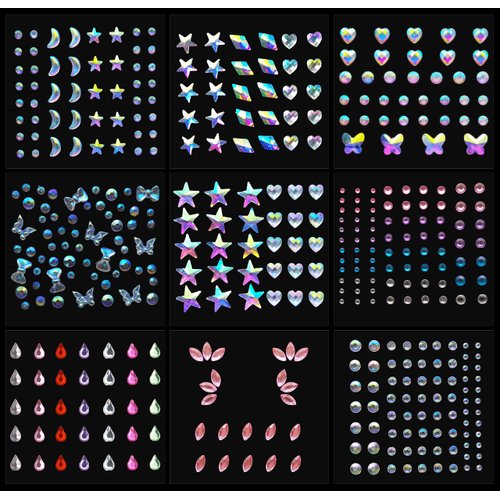 Le Fu Li 9 Sheets Eye Body Face Gems makeup gems Jewels Rhinestone Stickers Self Adhesive Crystal Rainbow Makeup Diamonds Face Stick Gems for Women Festival Accessory and Nail Art Decorations…