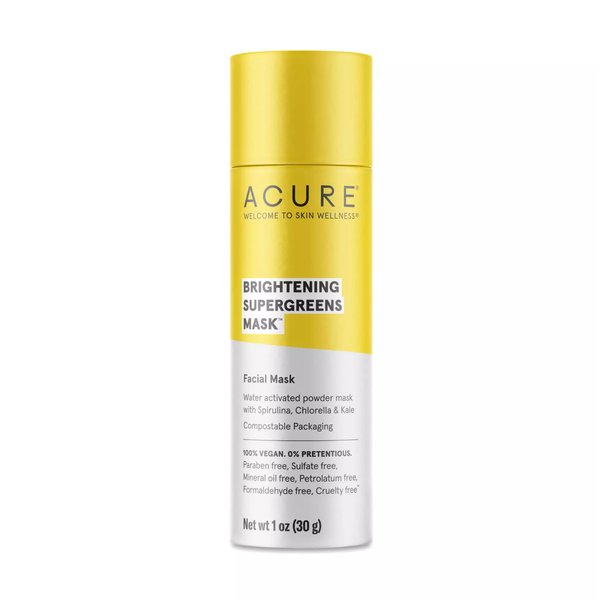 Acure Brightening Supergreens Mask - Concentrated Green Facial Mask to Cleanse, Detoxify, and Moisturize - Water-Activated Powder Face Mask with Spirulina, Chlorella & Kale - All Skin Types 1 oz