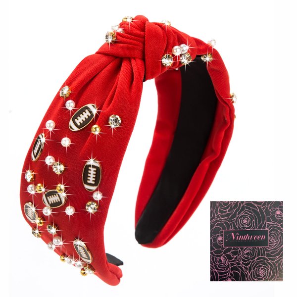 stesdy Women's Fashion Football Headband Black Red Orange Blue Pearl Rhinestone Jeweled Knotted Headband for Girl's Fashion Cute Wide Headband for Mother's Day,Christmas,Birthday Gift