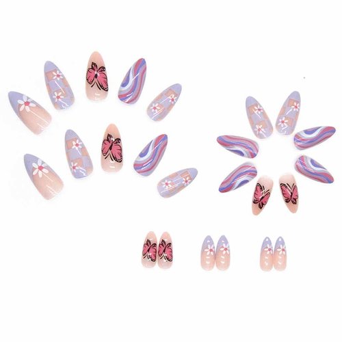 Foccna Butterfly Press on Nails Medium, Amlond Fake Nails Acrylic False Pink Nails,Artificial Nails for Women and Girls 24 pcs 
