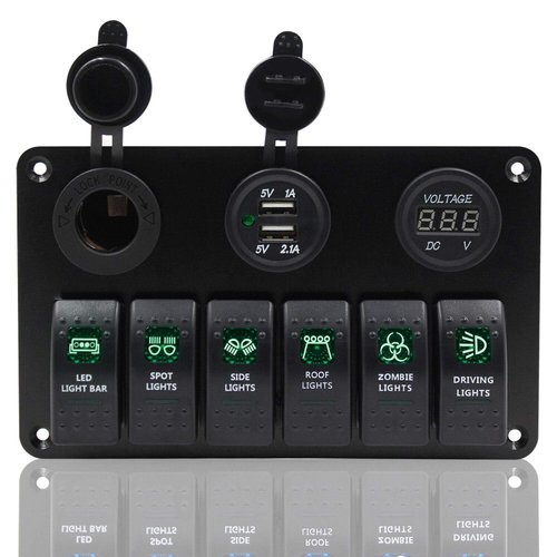 Riloer 6 Gang Rocker Switch Fuse Panel, Waterproof Digital Voltmeter Display with Dual USB Charger for RV Marine Car Vehicles Truck Boat (Green Light)
