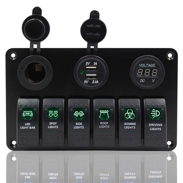 Riloer 6 Gang Rocker Switch Fuse Panel, Waterproof Digital Voltmeter Display with Dual USB Charger for RV Marine Car Vehicles Truck Boat (Green Light)