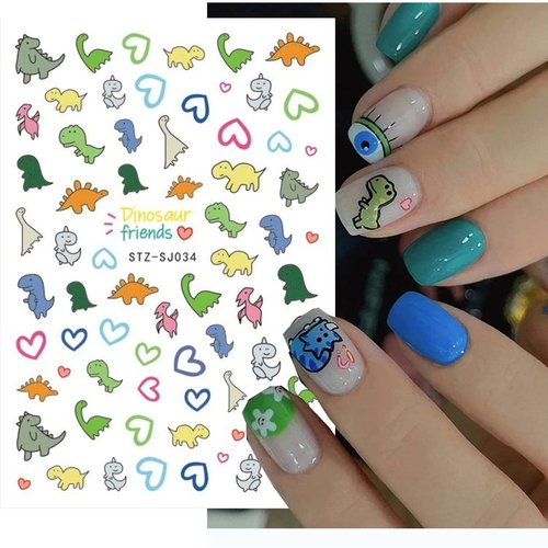 6 Sheets Cute Dinosaur Nail Stickers 3D Cartoon Self-Adhesive Nail Decal Nail Art Supplies Cute Little Dinosaur Design Nail Sliders Heart Decals for Women Girls Manicure Decoration Accessories